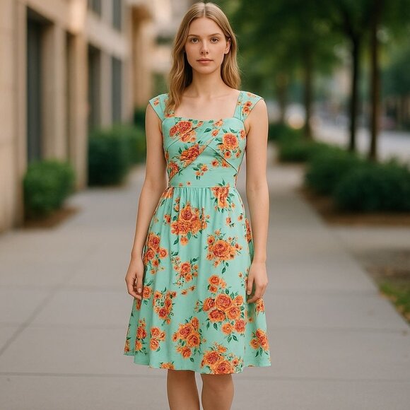 Stop Staring! Retro-Look Turquoise Floral Midi Dress NWOT - Picture 1 of 12